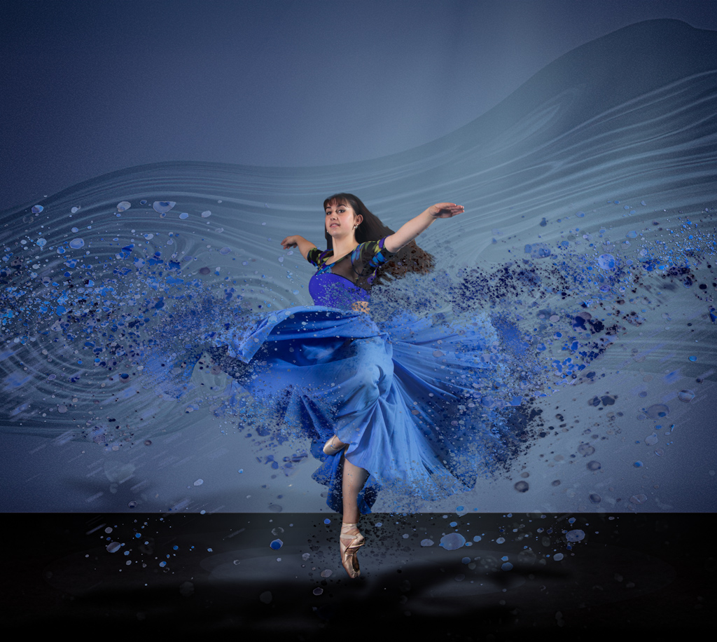full composite image of a dancer with the dress flowing off and breaking apart