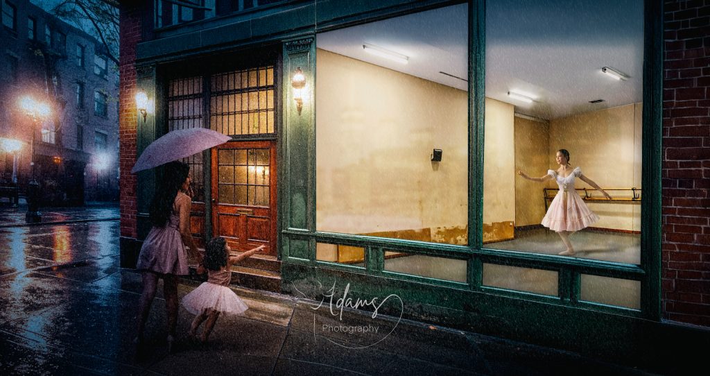 Rainy evening street scene outside a dance studio with a child in a tutu watching a dancer practice at the barre, photographed in Newcastle.