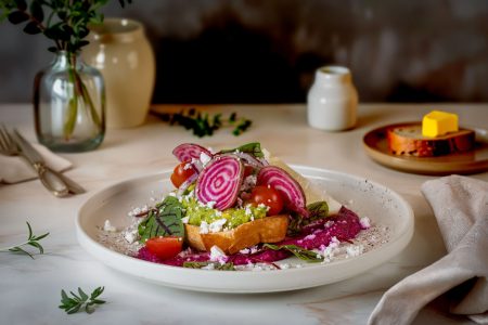 Gourmet avocado toast topped with candy‑striped beet slices, feta, tomatoes, and greens on a styled table, photographed in Newcastle.