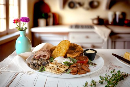 Hearty breakfast platter with mushrooms, bacon, hash browns, toast, sausage, and a poached egg on a kitchen table, photographed in Newcastle.